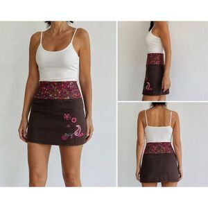 Cache Cache Mini Skirt Size 42EU/ Brown Floral Embroidered Boho Lined